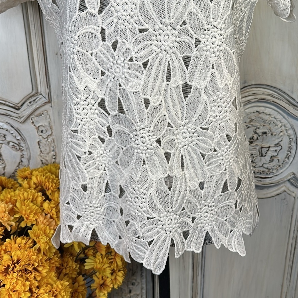 Japna Cotton Blend Heavy White Lace High Neck Short Sleeve Top Size Size Med - Picture 3 of 10